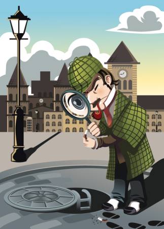 Sherlock, kanalizacja, miasto, detektyw, człowiek, szkło powiększające Artisticco Llc - Dreamstime