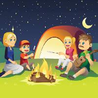 Pixwords Obraz z dzieci, śpiewać, gitara, ogień, księżyc, niebo, namiot, kobieta Artisticco Llc - Dreamstime