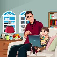 Pixwords Obraz z dziecko, dziecko, ojciec, rodzina, laptopa, lampy, szyby, uśmiech Artisticco Llc - Dreamstime