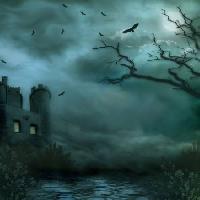 Pixwords Obraz z Noc, mgła, kurz, budynek, ptaki, drzewa, brances, zamek, drogowy Debbie  Wilson - Dreamstime