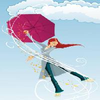 Pixwords Obraz z parasol, dziewczyna, wiatr, chmury, deszcz, szczęśliwy Tachen - Dreamstime