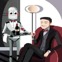 Pixwords Obraz z robota, człowiek, wino, szkło Artisticco Llc - Dreamstime