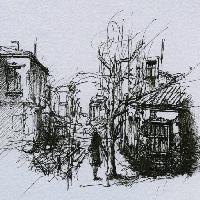 Pixwords Obraz z rysunek, szkic, drzewo, człowiek, miasto Rainbowchaser