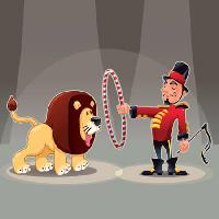 Pixwords Obraz z lew, mężczyzna, okrąg, cyrk, zwierzę Danilo Sanino - Dreamstime