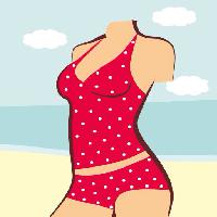 Pixwords Obraz z kobieta, ciało, czerwony, garnitur, kąpiel, plaża, woda, chmury, ubrania Anvtim